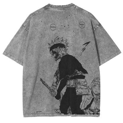 Asta x Black Bulls Black Clover Anime Doppeldruck Vintage Washed T-Shirt Unisex