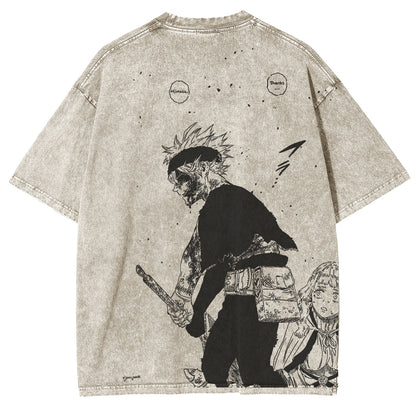 Asta x Black Bulls Black Clover Anime Doppeldruck Vintage Washed T-Shirt Unisex