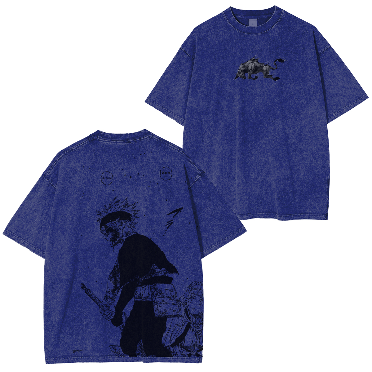 Asta x Black Bulls Black Clover Anime Doppeldruck Vintage Washed T-Shirt Unisex