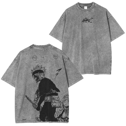 Asta x Black Bulls Black Clover Anime Doppeldruck Vintage Washed T-Shirt Unisex