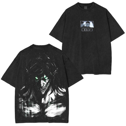 Retro Heavy Eren Yeager x Attack on Titan V2 Anime Doppeldruck Herren Vintage T-Shirt (verwaschen) Oversized T-Shirt