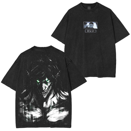 Retro Heavy Eren Yeager x Attack on Titan V2 Anime Doppeldruck Herren Vintage T-Shirt (verwaschen) Oversized T-Shirt