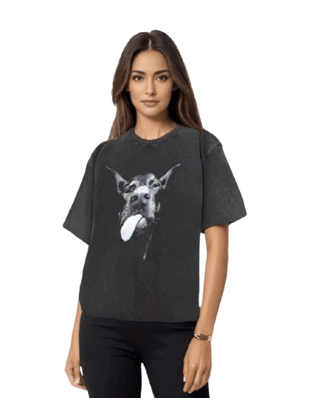 Vintage Washed Cotton T-Shirt Herren Dog Face