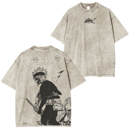 Asta x Black Bulls Black Clover Anime Doppeldruck Vintage Washed T-Shirt Unisex