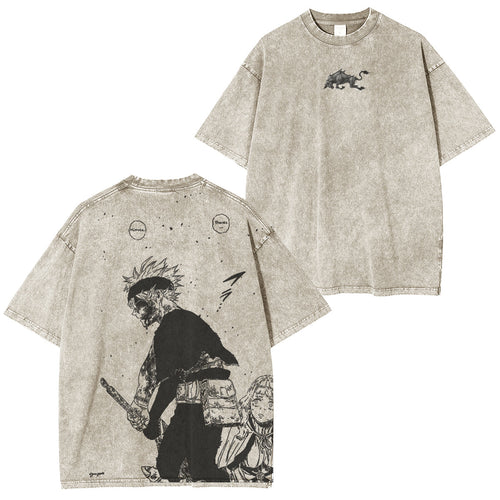 Asta x Black Bulls Black Clover Anime Doppeldruck Vintage Washed T-Shirt Unisex