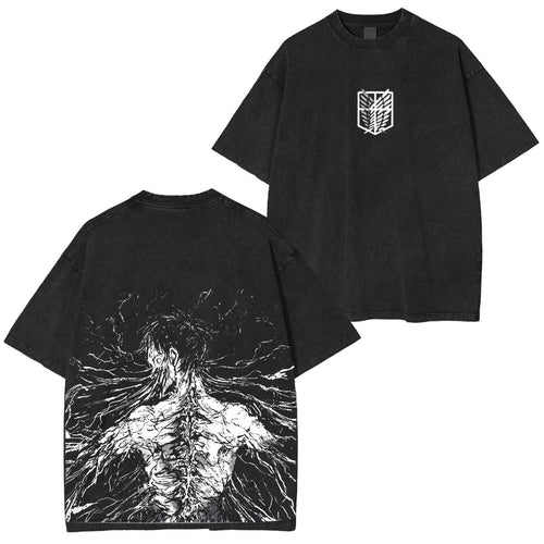 Retro Heavy Eren Yeager x Attack on Titan Anime-Print, Oversize-T-Shirt, gewaschen