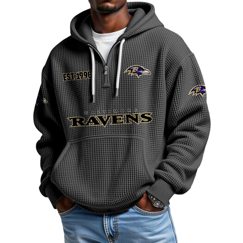 Baltimore Ravens EST 1996 Printed Quarter Zip Waffle Football Fan Hoodie