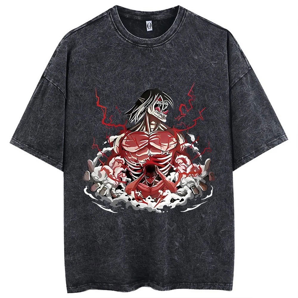 Anime Motiv Attack On Titan Washed Vintage T-Shirt Herren Streetwear