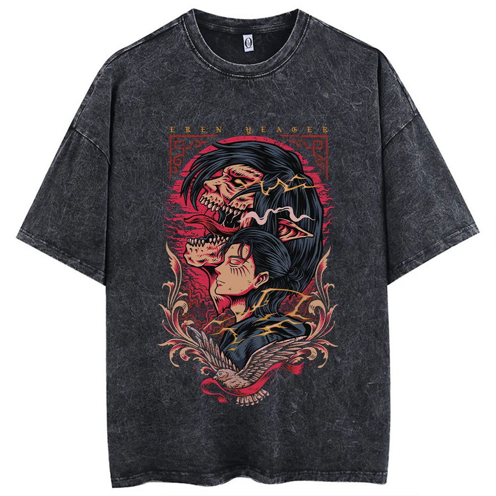 Anime Motiv Attack On Titan Washed Vintage T-Shirt Herren Streetwear