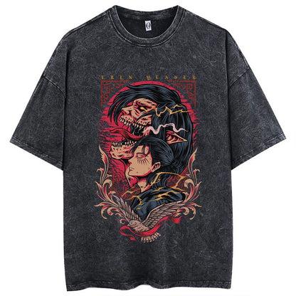 Anime Motiv Attack On Titan Washed Vintage T-Shirt Herren Streetwear