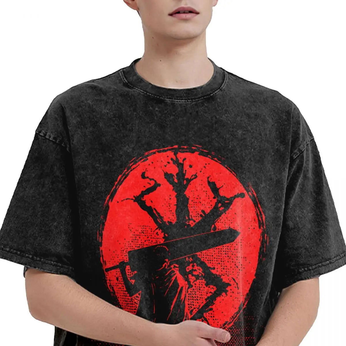 Anime Motiv Berserk Guts Washed Vintage T-Shirt Herren - Ver. Red Moon