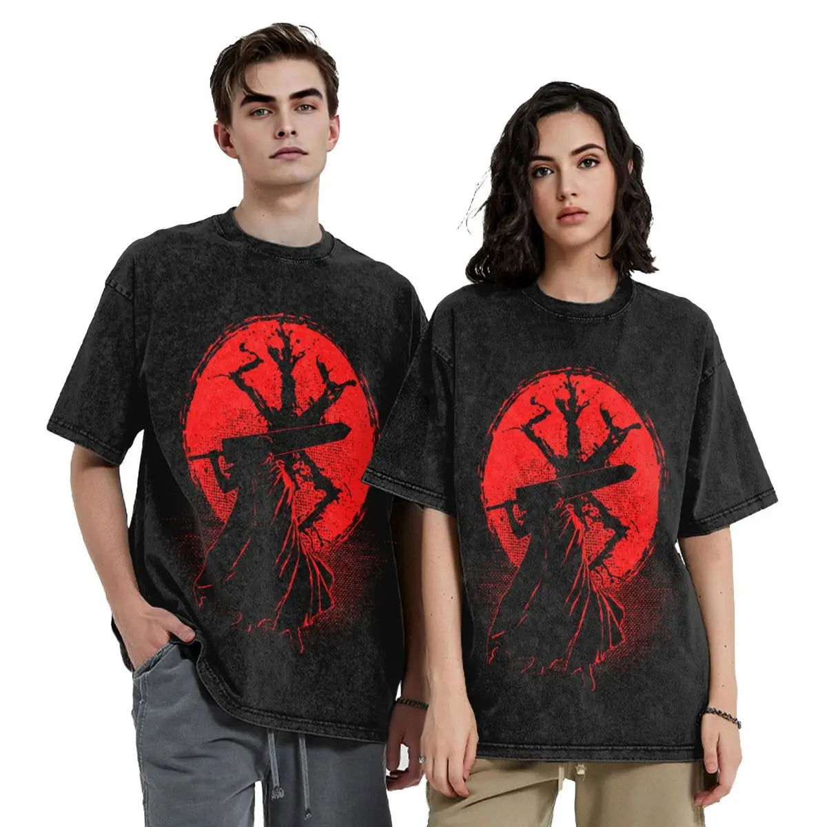 Anime Motiv Berserk Guts Washed Vintage T-Shirt Herren - Ver. Red Moon