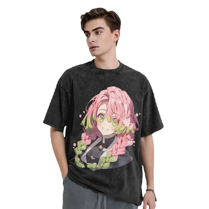 Anime Motiv Washed T-Shirt Herren - Love Demon Slayer