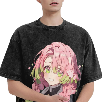Anime Motiv Washed T-Shirt Herren - Love Demon Slayer