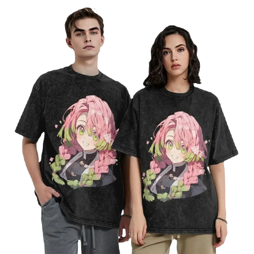 Anime Motiv Washed T-Shirt Herren - Love Demon Slayer