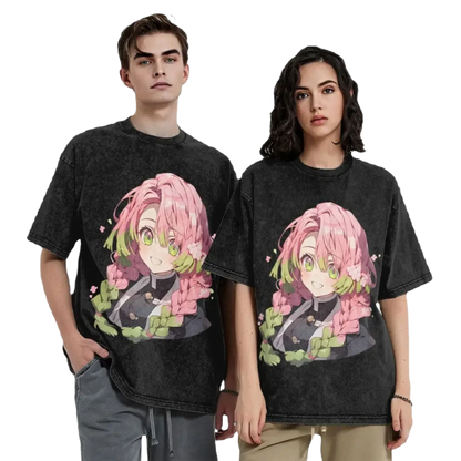 Anime Motiv Washed T-Shirt Herren - Love Demon Slayer
