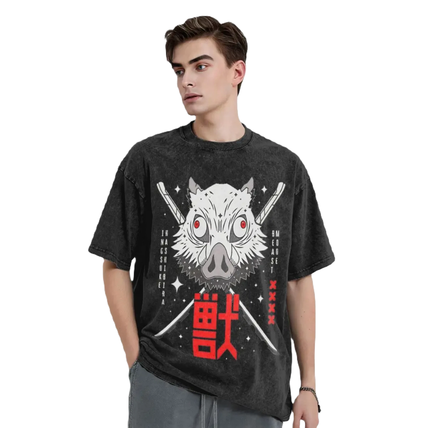 Anime Motiv Washed Cotton T-Shirt Herren - Beast Demon Slayers