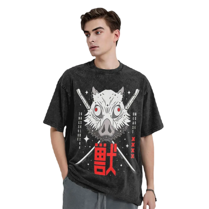 Anime Motiv Washed Cotton T-Shirt Herren - Beast Demon Slayers