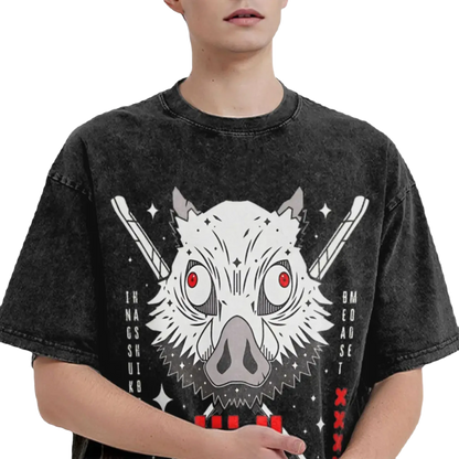 Anime Motiv Washed Cotton T-Shirt Herren - Beast Demon Slayers