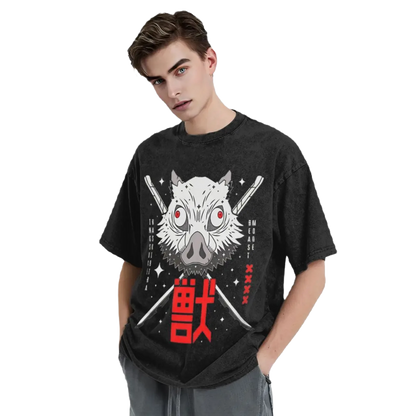 Anime Motiv Washed Cotton T-Shirt Herren - Beast Demon Slayers