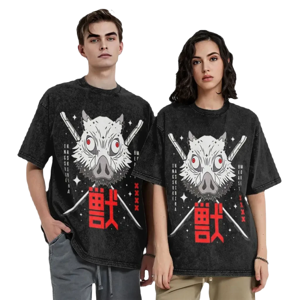 Anime Motiv Washed Cotton T-Shirt Herren - Beast Demon Slayers