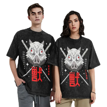 Anime Motiv Washed Cotton T-Shirt Herren - Beast Demon Slayers
