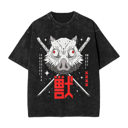 Anime Motiv Washed Cotton T-Shirt Herren - Beast Demon Slayers