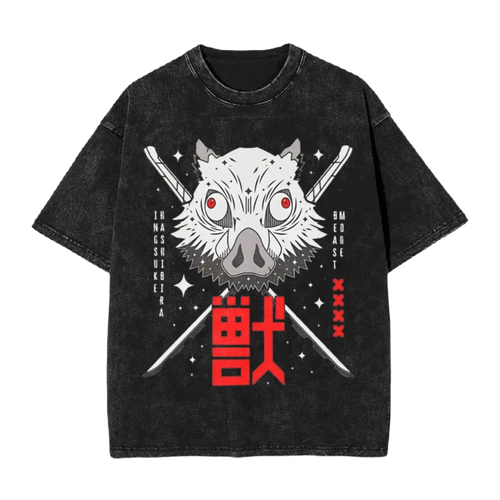 Anime Motiv Washed Cotton T-Shirt Herren - Beast Demon Slayers