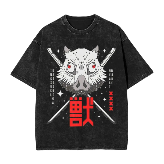 Anime Motiv Washed Cotton T-Shirt Herren - Beast Demon Slayers