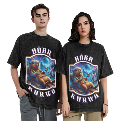 Cartoon Washed Cotton Vintage Tee - Bobr Kurwa