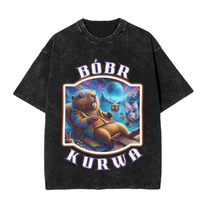 Cartoon Washed Cotton Vintage Tee - Bobr Kurwa