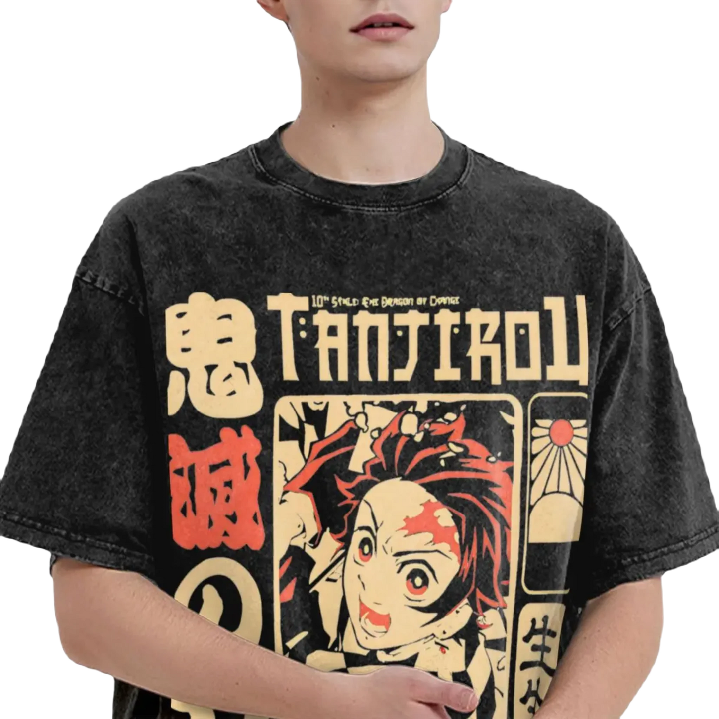 Anime Motiv Washed Cotton T-Shirt Herren - Demon Slayers The Dragon
