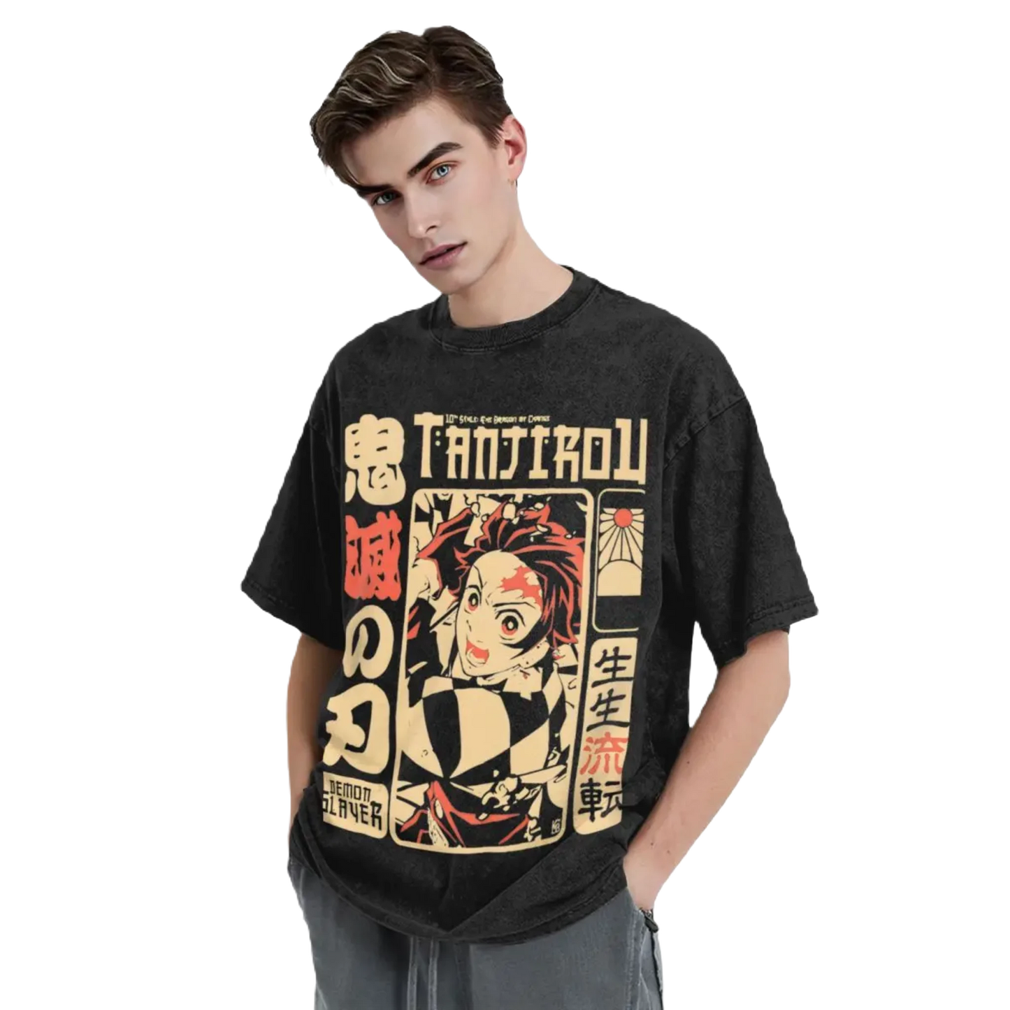 Anime Motiv Washed Cotton T-Shirt Herren - Demon Slayers The Dragon
