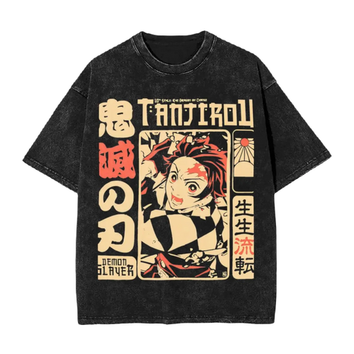 Anime Motiv Washed Cotton T-Shirt Herren - Demon Slayers The Dragon