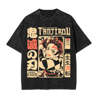 Anime Motiv Washed Cotton T-Shirt Herren - Demon Slayers The Dragon