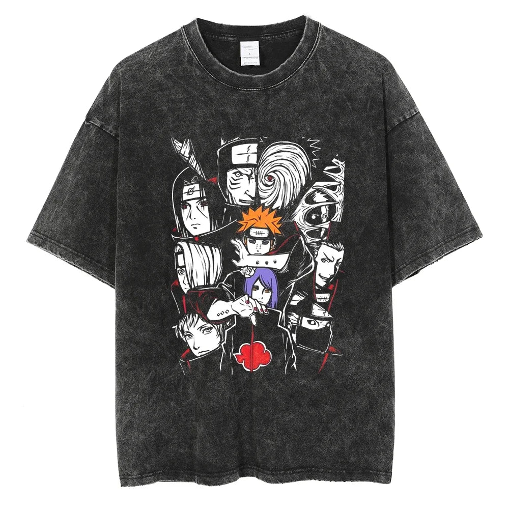 Naruto Characters T-shirt - Anime Motiv Streetwear Harajuku - Washed Vintage