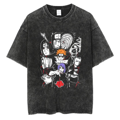 Naruto Characters T-shirt - Anime Motiv Streetwear Harajuku - Washed Vintage