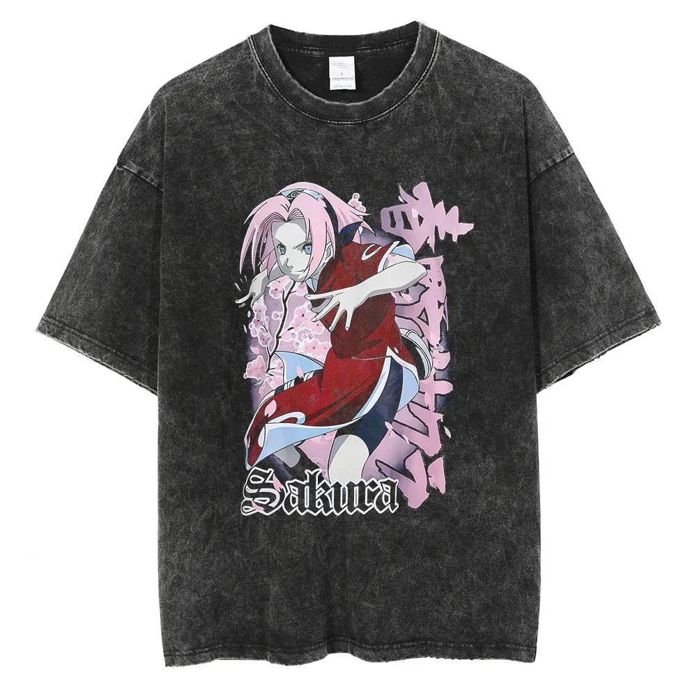 Naruto Sakura T-shirt - Anime Motiv Streetwear Harajuku - Washed Vintage