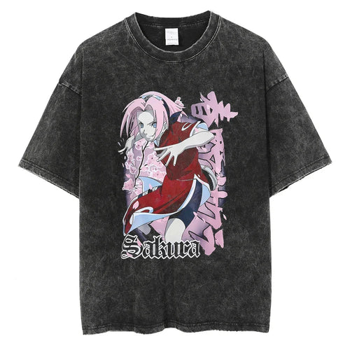 Naruto Sakura T-shirt - Anime Motiv Streetwear Harajuku - Washed Vintage