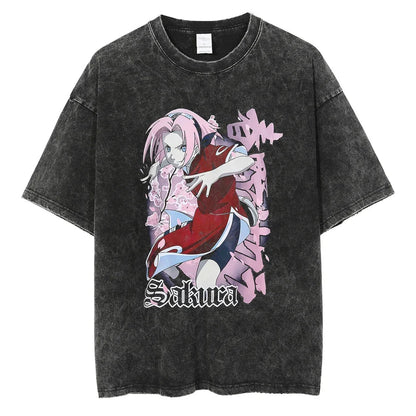 Naruto Sakura T-shirt - Anime Motiv Streetwear Harajuku - Washed Vintage