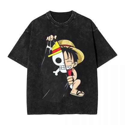 One Piece - Monkey D. Luffy Manga Anime Motiv Washed Vintage T-Shirt Herren