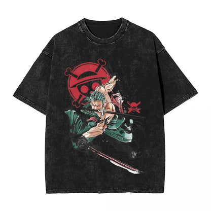 One Piece - Roronoa Zoro Manga Anime Motiv Washed Vintage T-Shirt Herren
