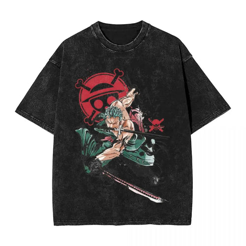 One Piece - Roronoa Zoro Manga Anime Motiv Washed Vintage T-Shirt Herren