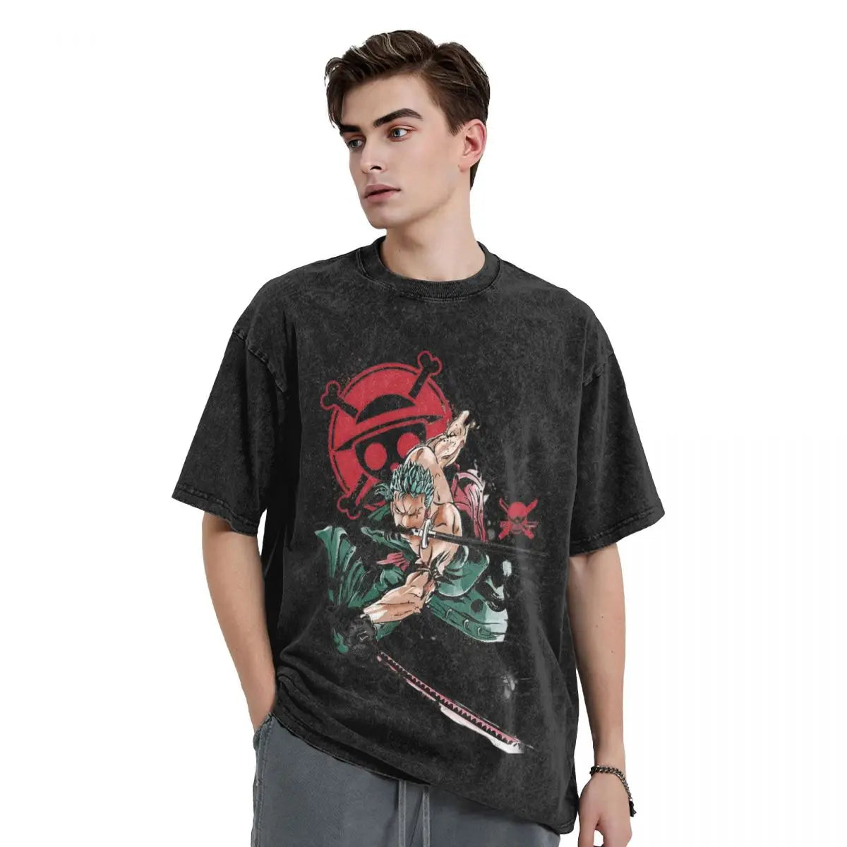 One Piece - Roronoa Zoro Manga Anime Motiv Washed Vintage T-Shirt Herren