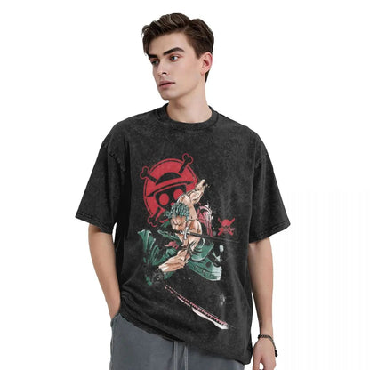 One Piece - Roronoa Zoro Manga Anime Motiv Washed Vintage T-Shirt Herren