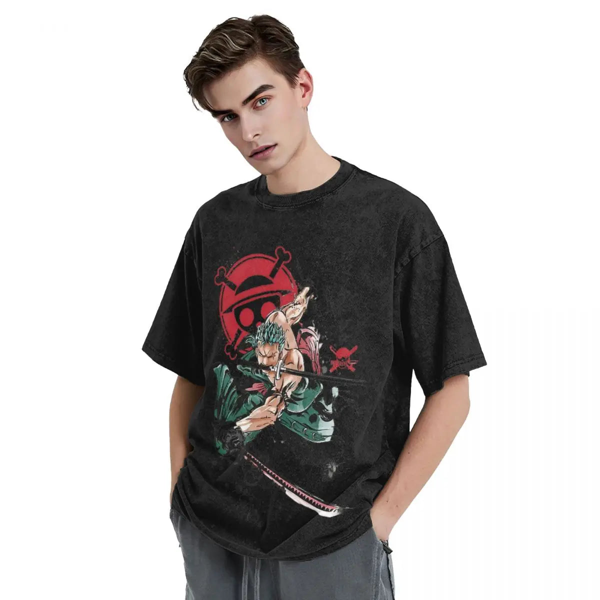 One Piece - Roronoa Zoro Manga Anime Motiv Washed Vintage T-Shirt Herren