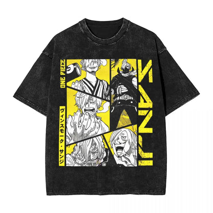 One Piece - Sanji Anime Motiv Washed Vintage T-Shirt Herren