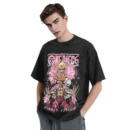 One Piece T-Shirt Herren - Doflamingo Manga Anime Motiv Washed Vintage