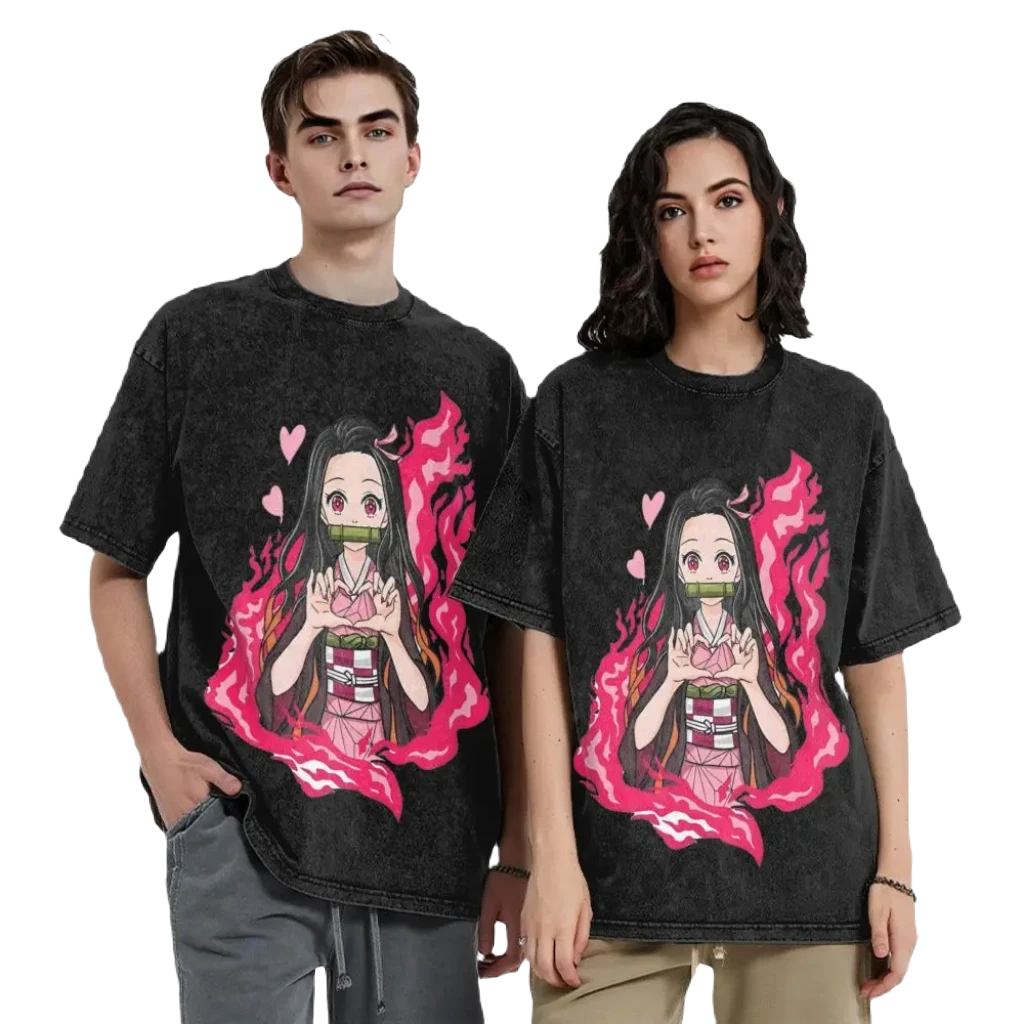 Anime Motiv Washed Cotton Tee - Nezuko Heart Demon Slayers