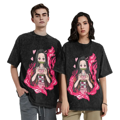 Anime Motiv Washed Cotton Tee - Nezuko Heart Demon Slayers